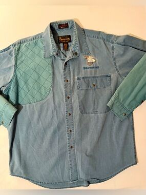 Vtg 80s Browning Mens M Teal Long Sleeve Denim Hunting Jacket Shooting Shacket